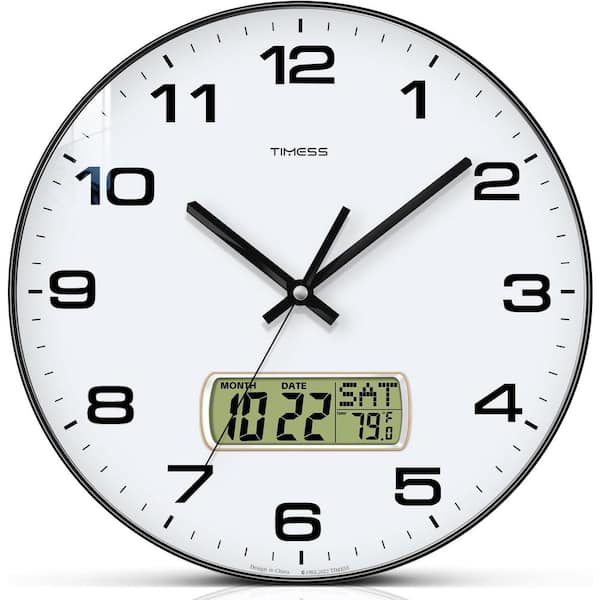 Afoxsos 12 in. Black Analog Non-Ticking Battery Operated with LCD Display for Ideal Modern Home, Bedroom, Kitchen and Office
