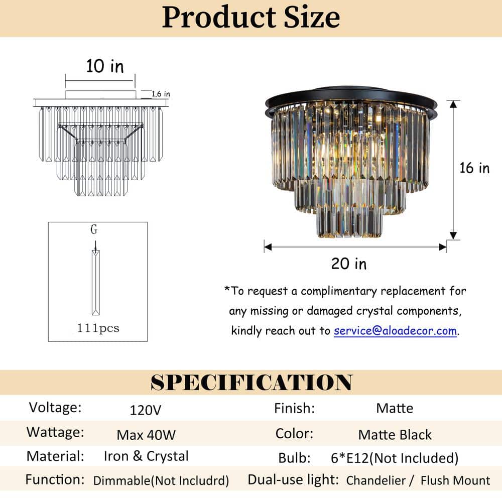 Matte Black 3-Tier Crystal Fringe Chandelier with 6 Lights