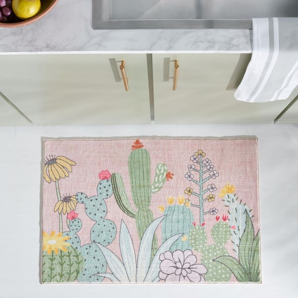 Door And Kitchen Mat Pink/Green 2 ft. x 4 ft. Machine Washable Desert Garden Area Rug