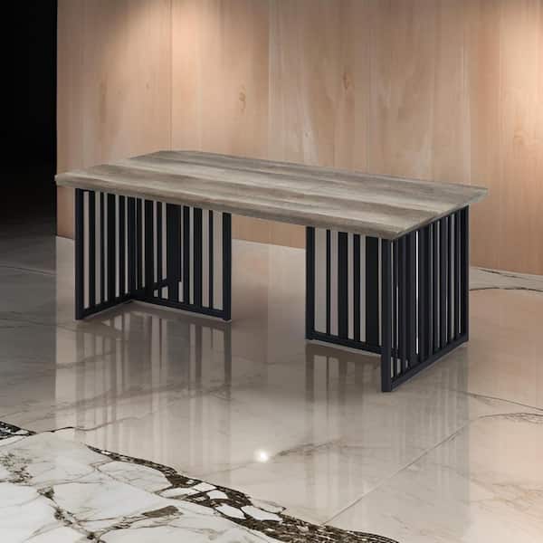 Benjara Nori 47.24 in. Brown and Black Rectangle Wood Coffee Table with Black Metal Slatted Base