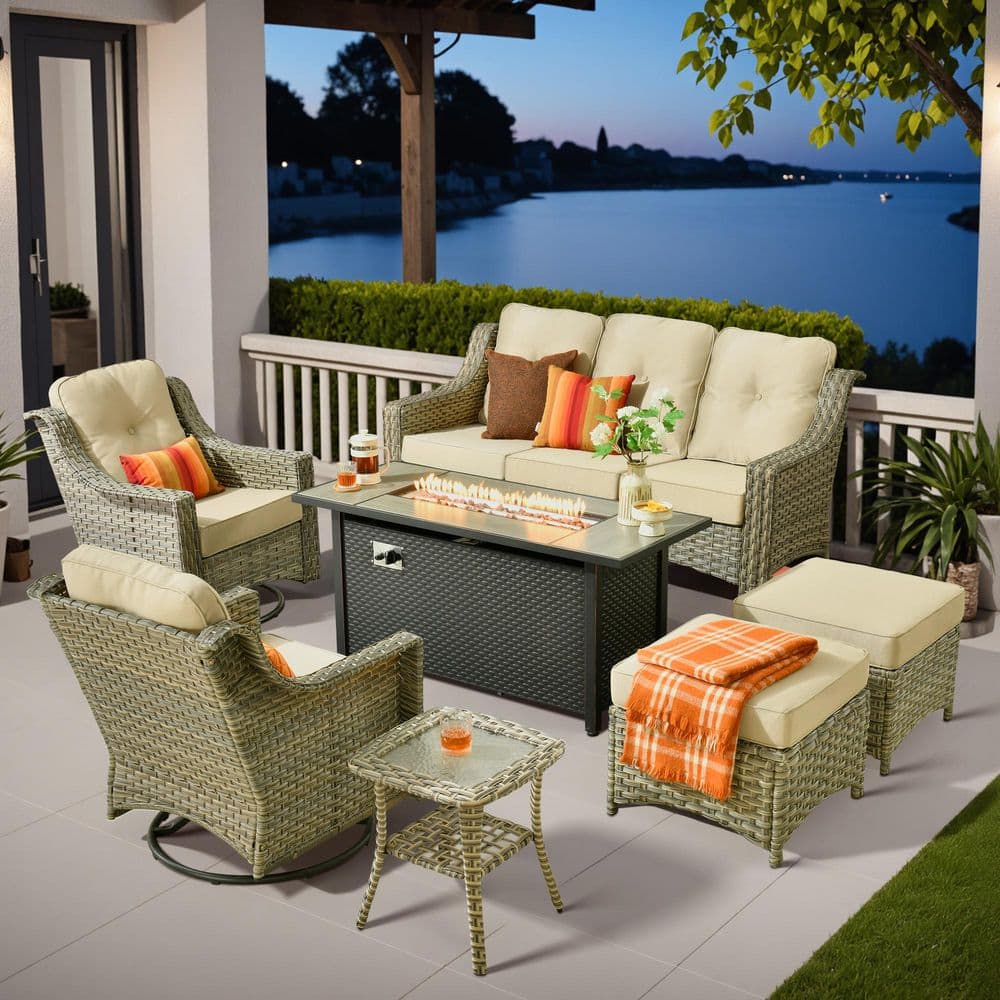Cherry 7-Piece Wicker Outdoor Furniture Patio Fire Pit Conversation Sofa Set with Swivel Chairs and Beige Cushions