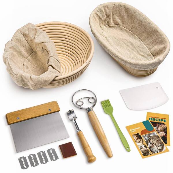 Bread Banneton Proofing Basket Set, 9 in. Round and 10 in. Oval Cane Sourdough Baskets with Dough Whisk