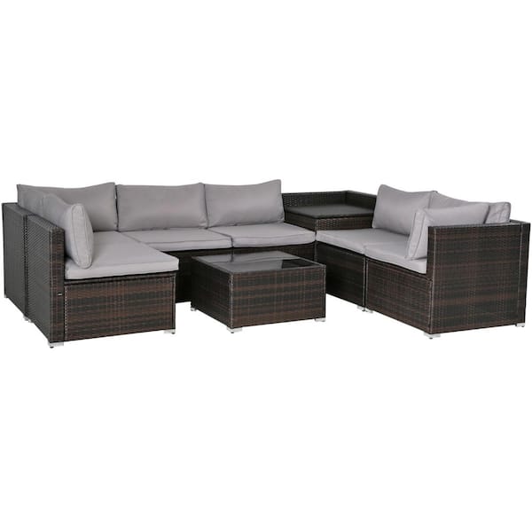 Zeus & Ruta 8-Piece Brown PE Wicker Rattan Patio Furniture Set Outdoor Sectional Sofa with Grey Cushions