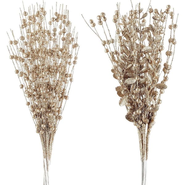 24 Pack 17in Beige ChristmasTree Picks Ornaments Artificial Glitter Berry Stem