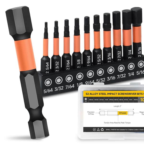 SAE Allen Hex Bit Set, 1/4" Hex-Shank S2 Steel for Impact Drivers (10-Piece)