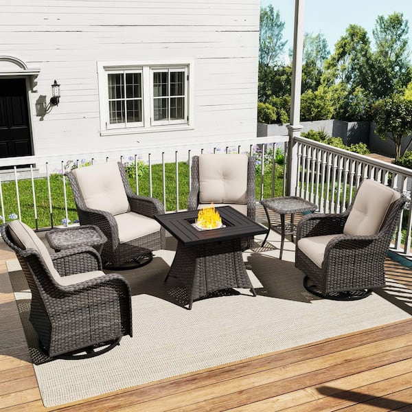 7-Piece Fire Pit Patio Set Wicker Outdoor Patio Conversation Set with Swivel Rocking Chairs and Beige Cushions
