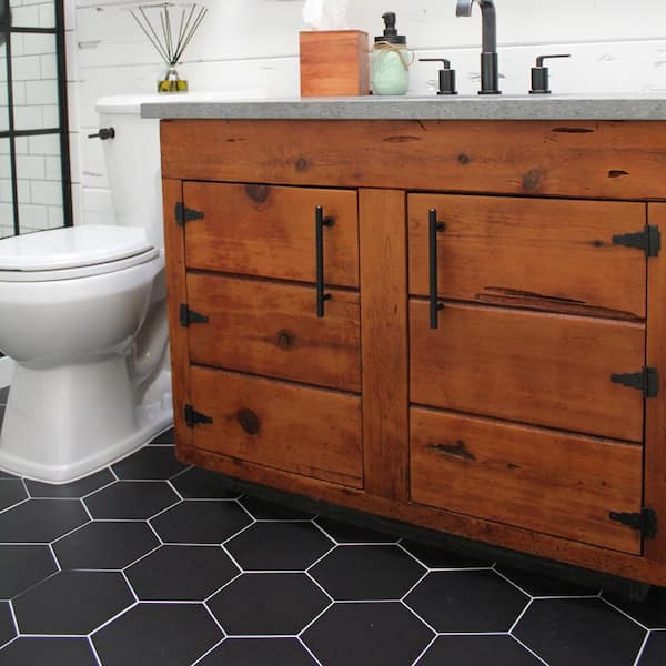 Merola Tile Textile Hex Black 8 5 In, Black Tile Bathroom Floor Images