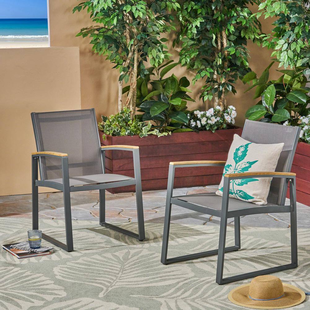 Aubrey Gray Aluminum Outdoor Dining Chairs with Faux Wood Accents, Set of 2