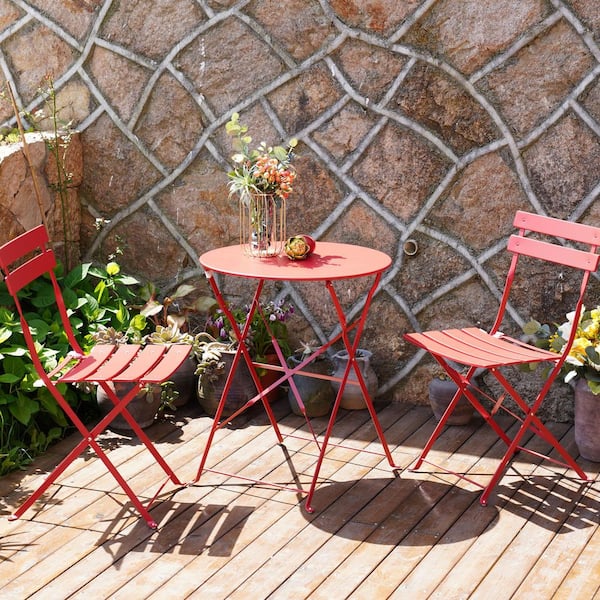 Mondawe 3-Piece Metal Patio Bistro Set Round Folding Table and Chairs Set Iron Conversation Coffee Table Set for Backyard, Red