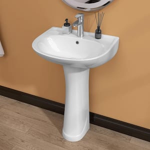 Vintage Vitreous China White Pedestal Ceramic Vessel Combo Sinks U-Shape Design with 1.38 in Single Faucet Hole Overflow