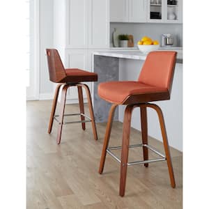 Corazza 26 in. Orange Fabric, Walnut Wood, and Chrome Metal Fixed-Height Counter Stool with Square Footrest (Set of 2)