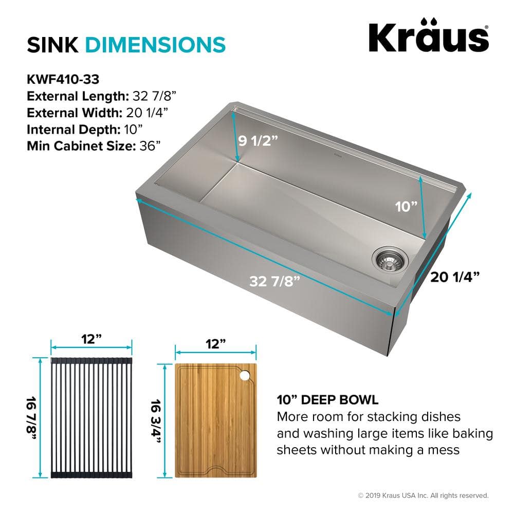 Kore 33" Stainless Steel Farmhouse Kitchen Sink with Accessories