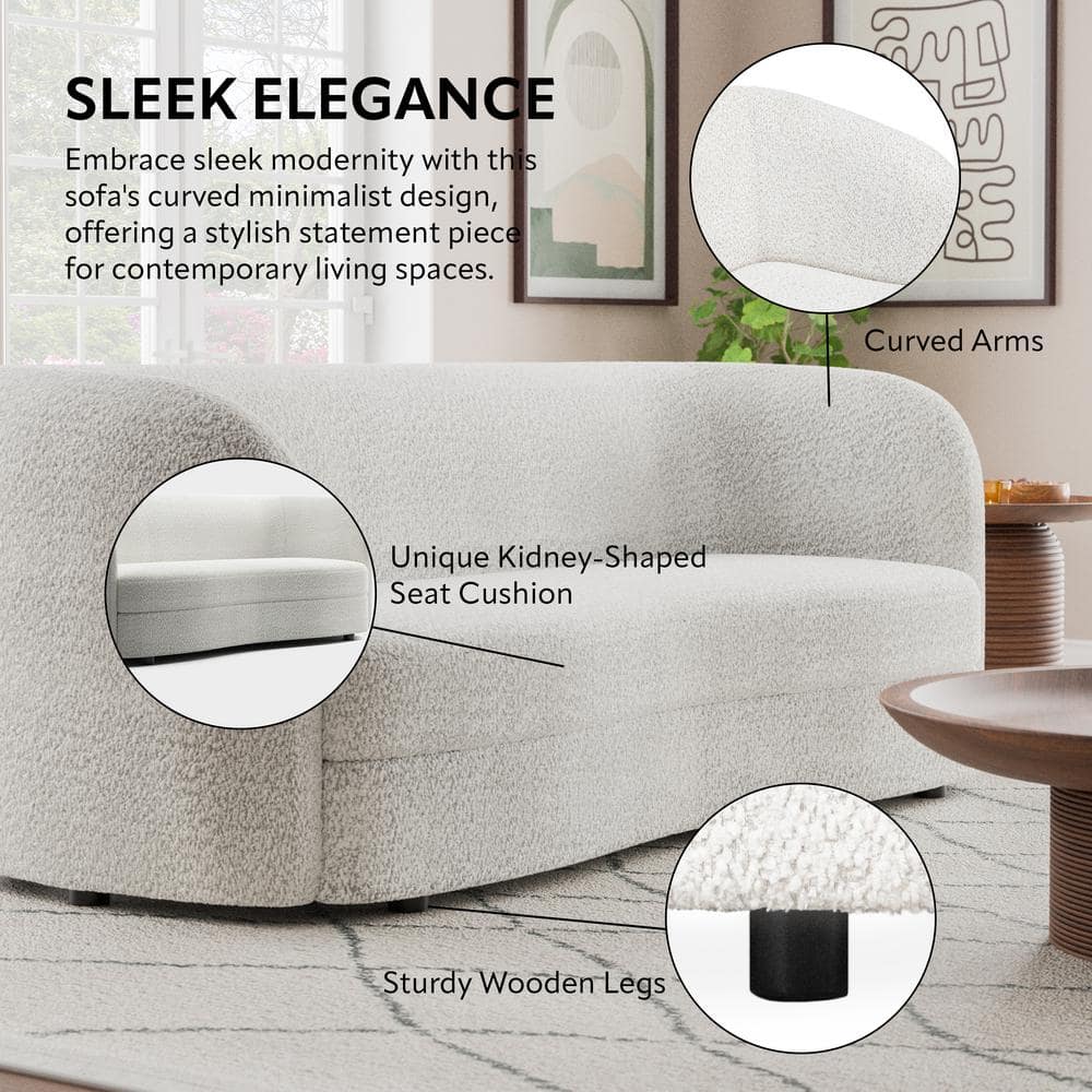 Off-White Boucle Fabric Curved Loveseat with Wooden Legs
