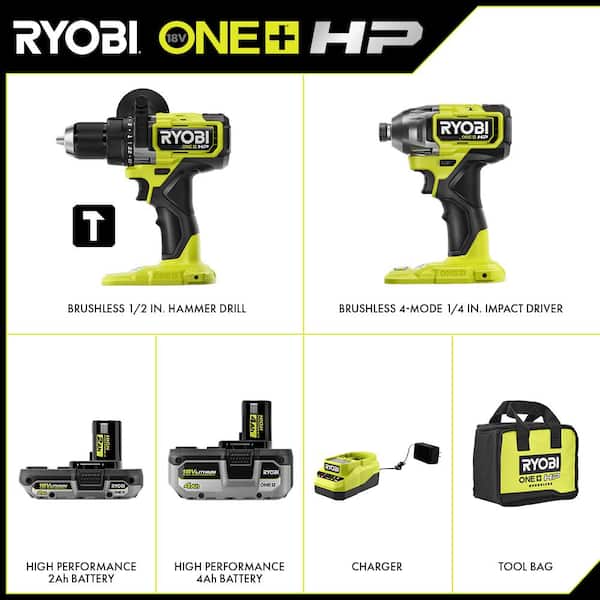 RYOBI PBLCK02K ONE+ HP 18V Brushless Cordless 1/2 in. Hammer Drill and 1/4 in 4-Mode Impact Driver Kit w/ (2) Batteries, Charger, & Bag - 3