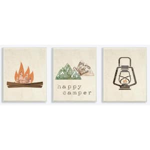 10 in. x 15 in. "Happy Camper Mountains and Lantern" by Daphne Polselli Printed Wood Wall Art 3-Piece