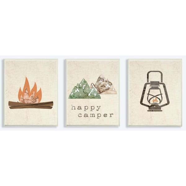 Stupell Industries 10 in. x 15 in. "Happy Camper Mountains and Lantern" by Daphne Polselli Printed Wood Wall Art 3-Piece
