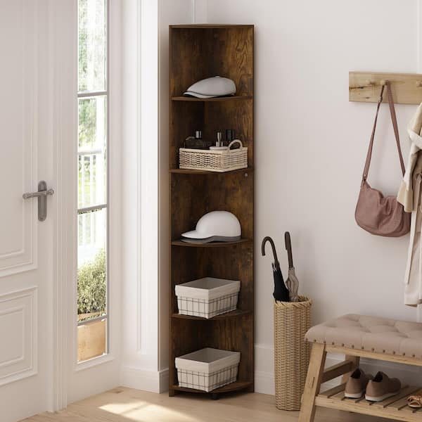 Econ 70.87 in. Tall Amber Pine Wood 5-Shelf Corner Bookcase