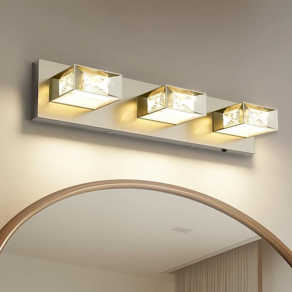 JUSHENG 20.47 in. Nickle 3-Light Dimmable Crystal Bathroom Vanity Light with 5-CCT Adjustable Switch and 350° Swivel Range