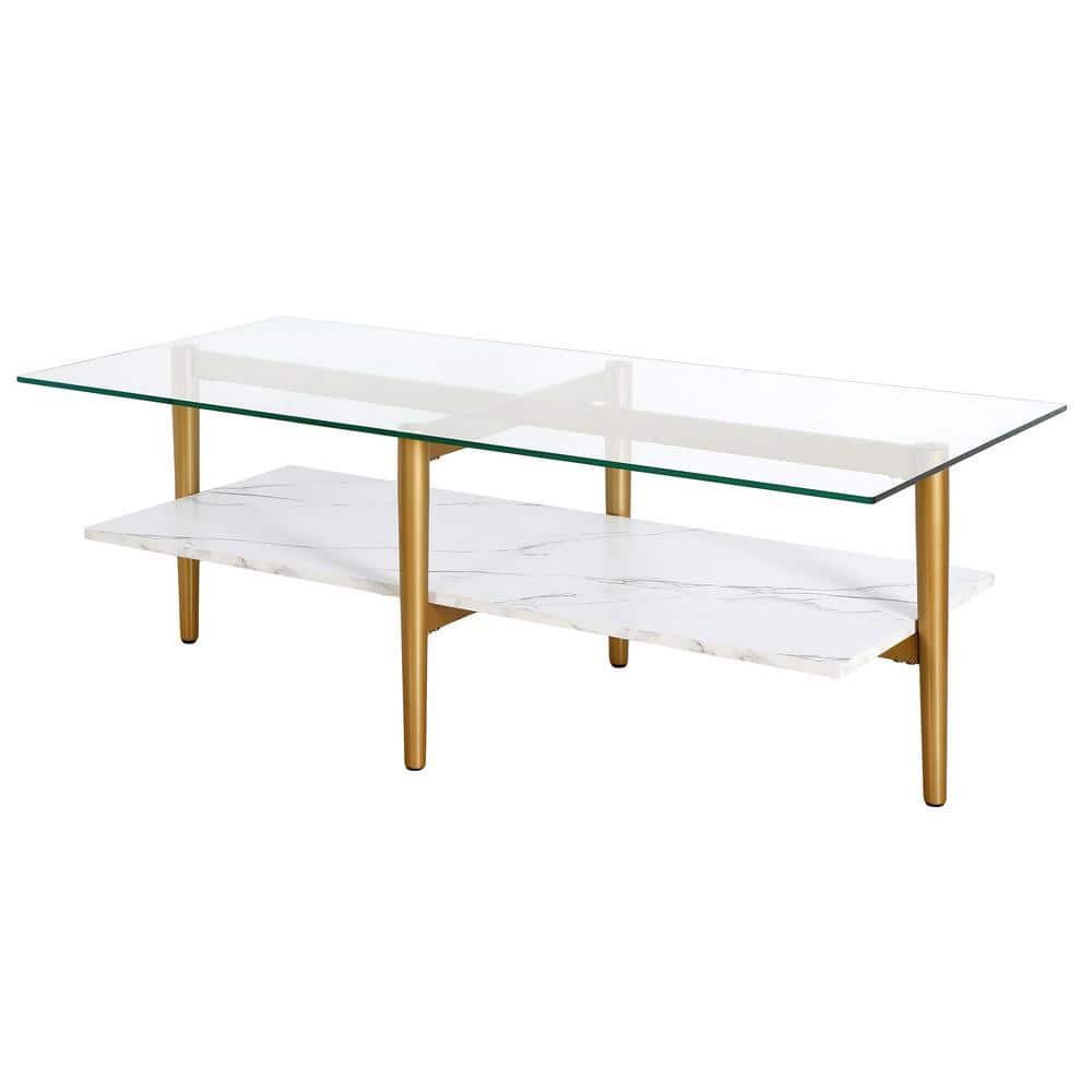 Otto 47" Brass Rectangular Coffee Table with Faux Marble Shelf