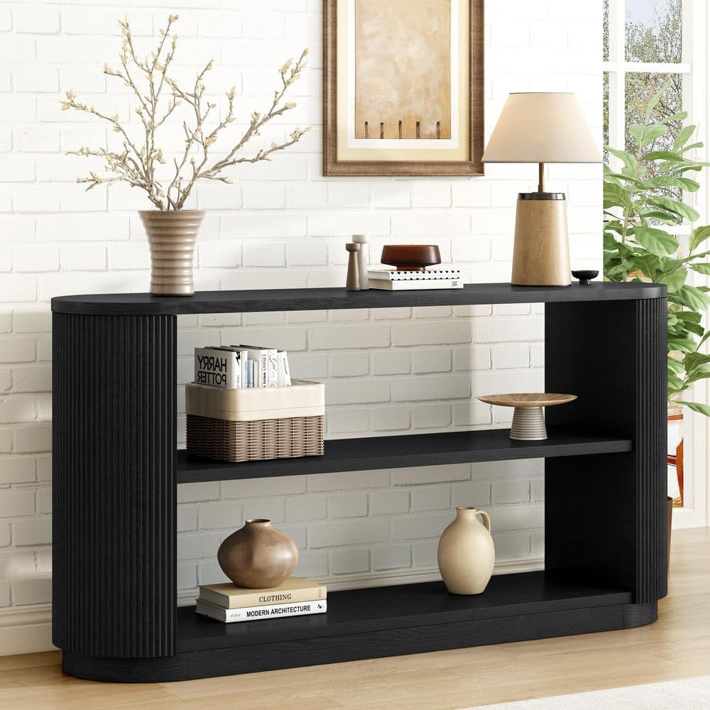 58.9 in. Black Oval Modern Entryway Wood Console Table with Open Shelf and Elegant Wood Grain price history on PriceWatchPro