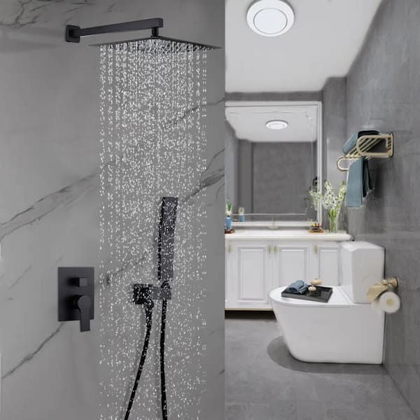 1-Spray 12 in. Wall Mount Dual Shower Heads with Handheld Built-In Shower System in Black