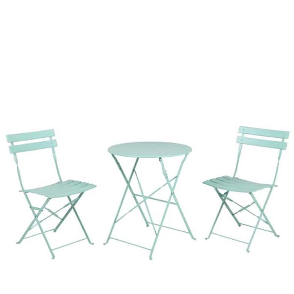FORCLOVER Light Green 3-Piece Metal Outdoor Round Bistro Set with 2 Foldable Chairs (2-Person)