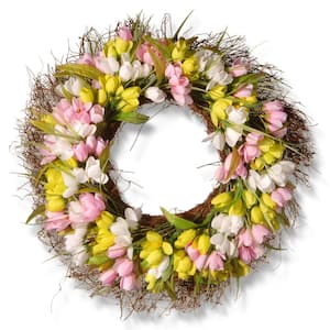 22 in. Artificial Yellow, Pink and White Tulip Wreath