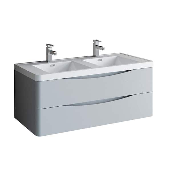 Fresca Tuscany 48 in. Modern Double Wall Hung Vanity in Glossy Gray with Vanity Top in White with White Basins