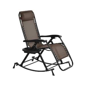 Zero Gravity Foldable Reclining White Metal Outdoor Rocking Chair with Pillow, Cup and Phone Holder in Brown