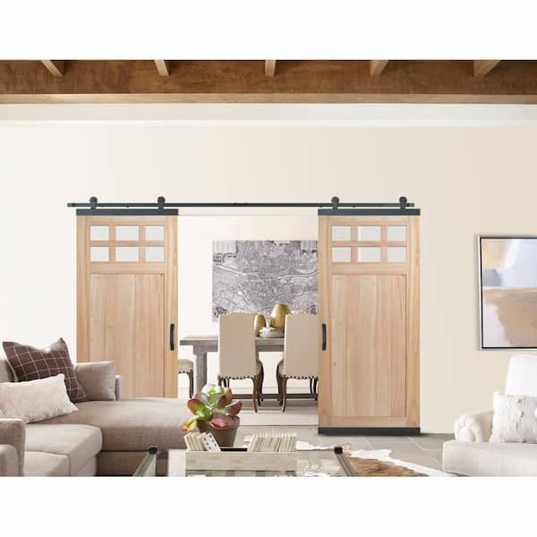 36 in. x 80 in. DesignGlide Farmhouse Unfinished Solid Wood 6-Lite Obscure Glass Sliding Barn Door & Black Hardware Kit 36 in. x 80 in. DesignGlide Farmhouse Unfinished Solid Wood 6-Lite Obscure Glass Sliding Barn Door & Black Hardware Kit