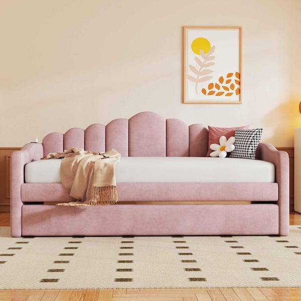 Pink Twin Size Daybed with Trundle, Velvet Sofabed with USB Charging Ports
