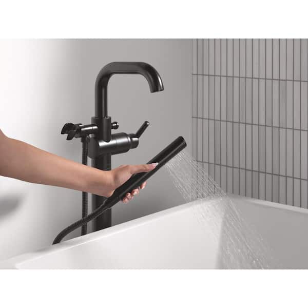 Trinsic 1-Handle Floor Mount Tub Faucet Trim Kit in Matte Black with Hand Shower (Valve Not Included)