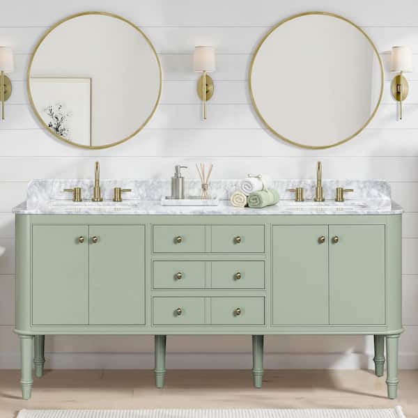 Collette 72 in. Double Sink Freestanding Bathroom Vanity in Moss Green with White Carrara Marble Top (Assembled)