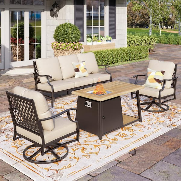 PHI VILLA Black Metal Meshed 5 Seat 4-Piece Steel Outdoor Fire Pit Patio Set With Beige Cushions, Metal Rectangular Fire Pit Table