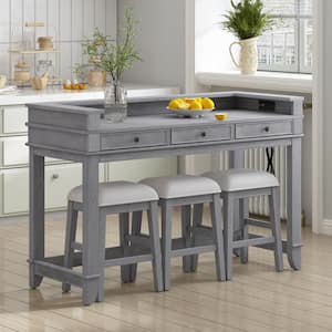 4-piece Gray Dining Bar Table Set with Drawers, USB Charging Station and 3 Upholstered Stools