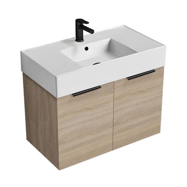 Nameeks Derin 31.9 in. W x 17.3 in. D x 25.2 in. H Modern Bathroom Vanity in Brown Oak With White Ceramic Top