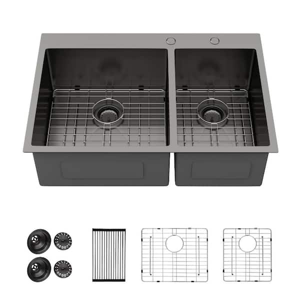 33 in. Drop-In 60/40 Double Bowl Kitchen Sink in Gunmetal Black 16 Gauge Stainless Steel with Bottom Grid/Accessories