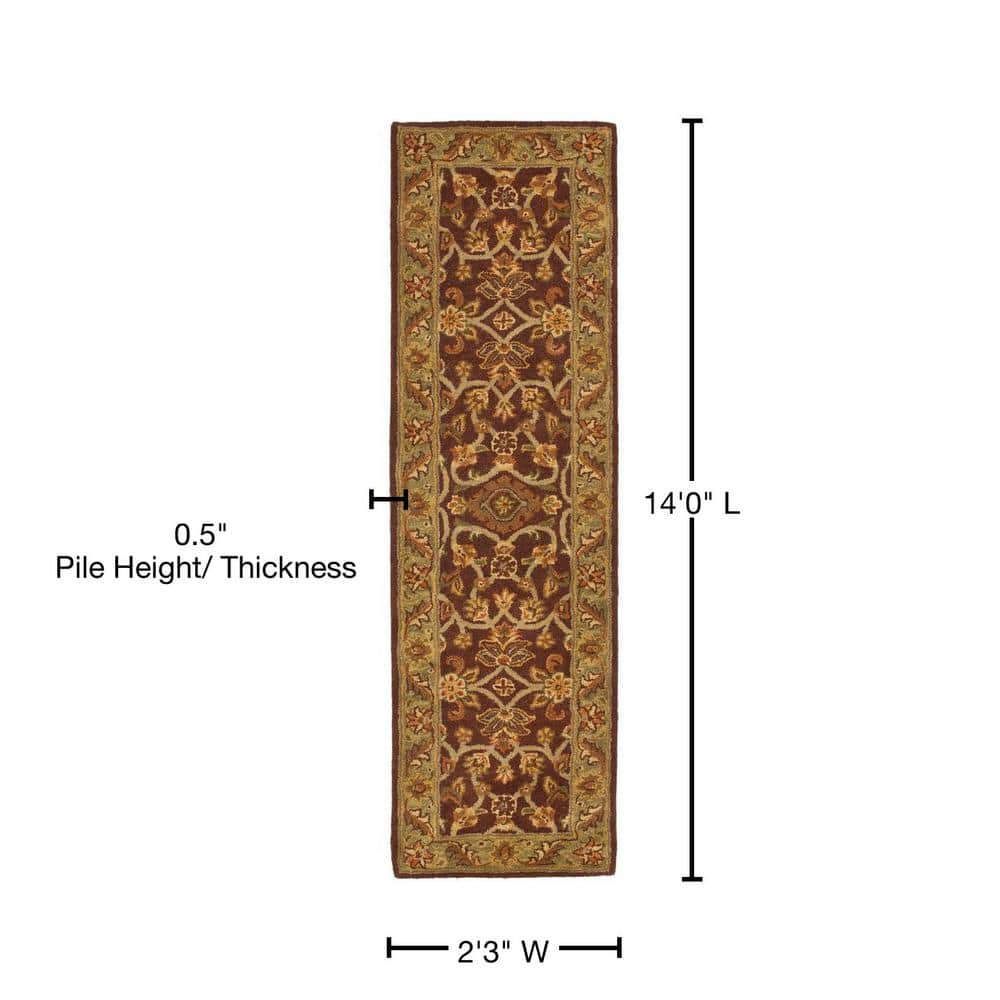 Handmade Green and Rust Wool Oriental Runner Rug
