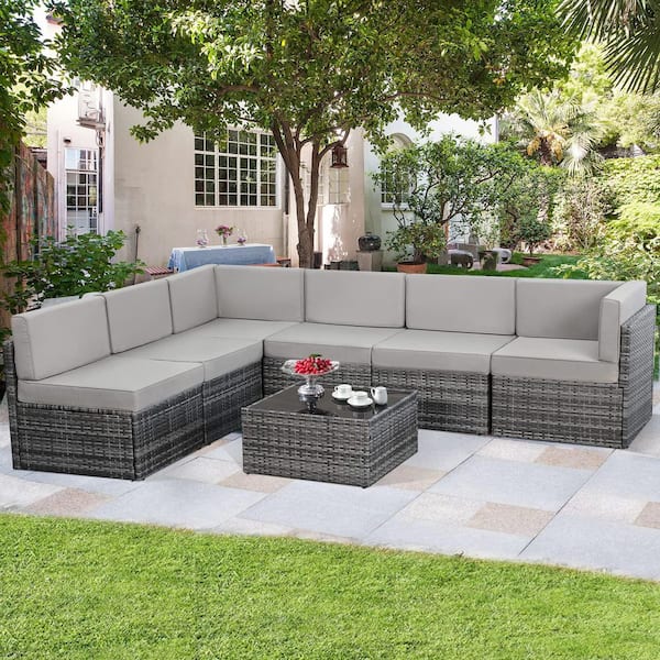 Sudzendf 7-Piece Wicker Outdoor Conversation Patio Furniture Set with Gray Cushions