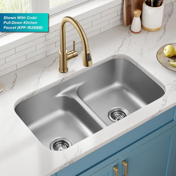 Premier 18 Gauge Stainless Steel 32 in. 50/50 Double Bowl Undermount Kitchen Sink with WasteGuard Garbage Disposal