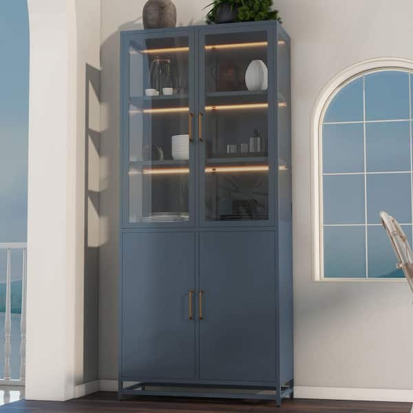 LED Lights Dark Blue 76.75 in. H Steel Storage Display Cabinet with 2 Adjustable Shelves, Tempered Glass Doors