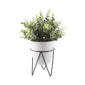 12 in. Artificial Faux Eucalyptus in 4.75 in. Artificial White Pot on Black Metal Stand