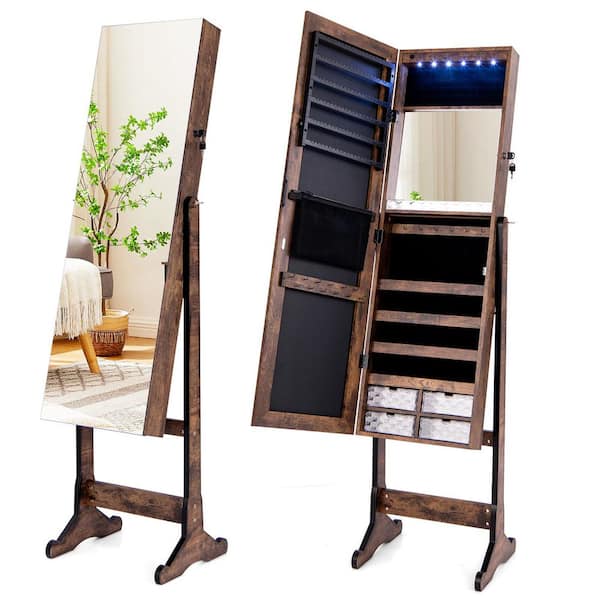 16 in. x 62 in. Rustic Brown Freestanding MDF Jewelry Armoire Organizer with Mirror and Lights
