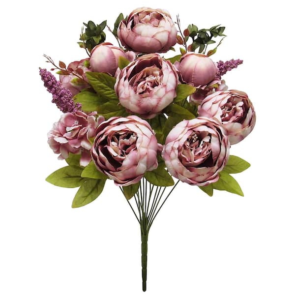 LIVING LUXURY 19 in. Mauve Artificial Mixed Peony Hydrangea Flower Stem Bush Bouquet