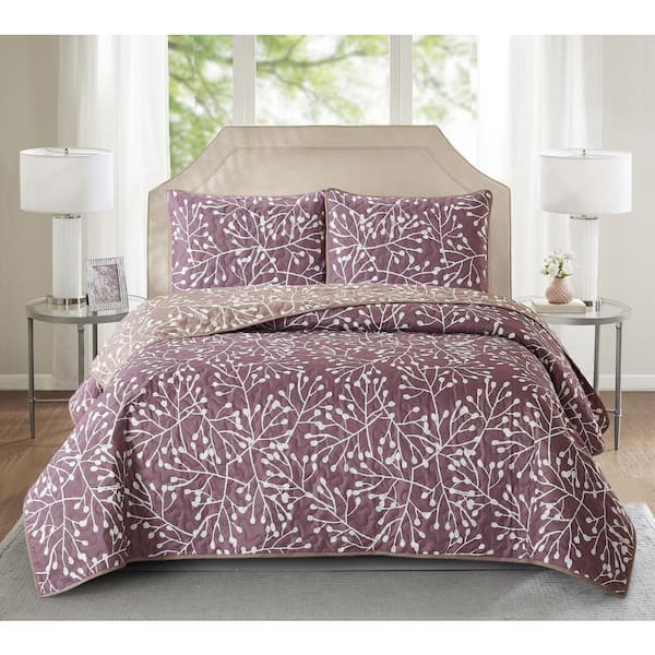 Harper Lane Branches 3-Piece Purple Microfiber King Quilt Set