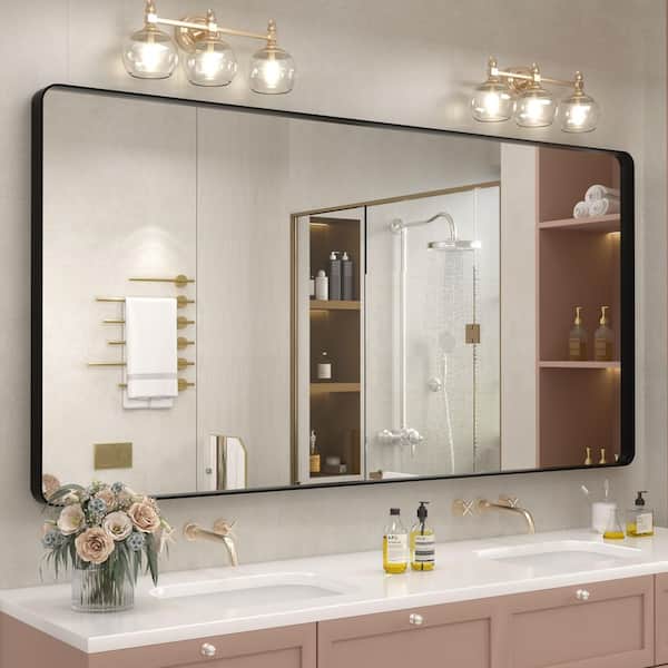 Apmir 72 in. W x 36 in. H Rectangular Aluminum Alloy Framed and Tempered Glass Wall Bathroom Vanity Mirror in Matte Black