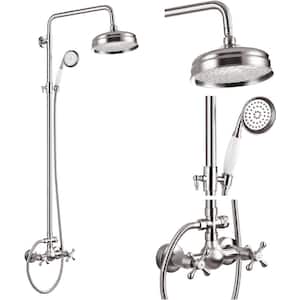 3-Spray Wall Slid Bar Round Rain Shower Faucet with Tub Faucet 2 Cross Handles in Brushed Nickel (Valve Included)