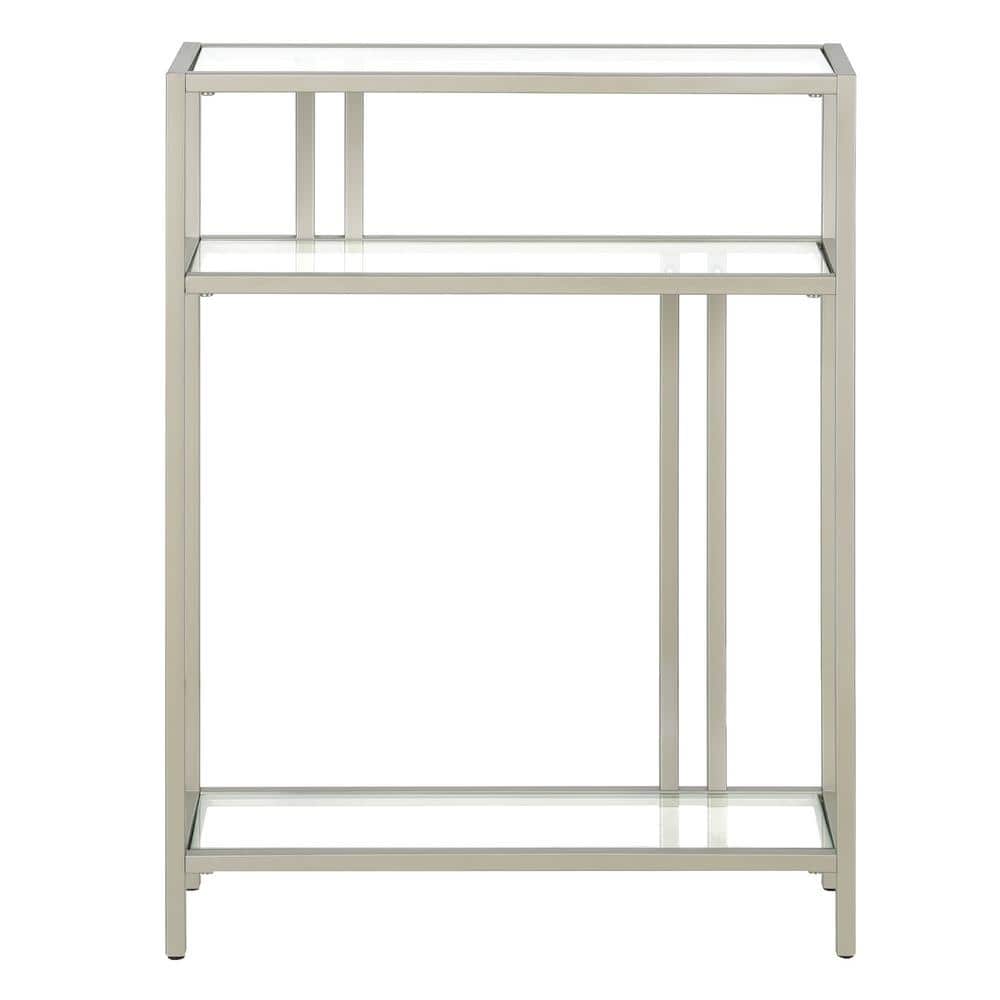 Cortland Compact Satin Nickel Console Table with Tempered Glass Shelves
