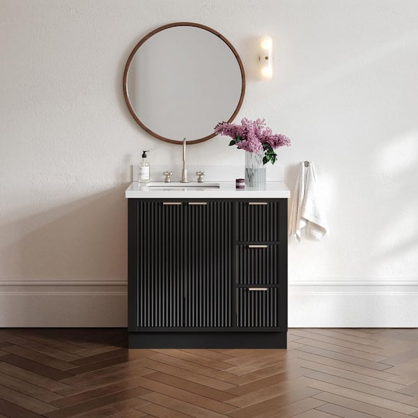 Milan 37 in. W x 21.5 in. D x 36 in. H Single Sink Bath Vanity in Black with Pure White Quartz Top