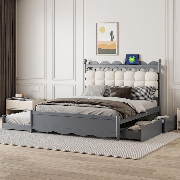 Gray Wood Frame Queen Size Velvet Upholstered Platform Bed with 2 Drawers, Twin Trundle, Sockets and USB Ports